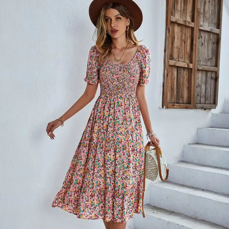 Beach Floral Patchwork Dress Smocked Sleeve V Neck Mini Long Sleeve Dresses