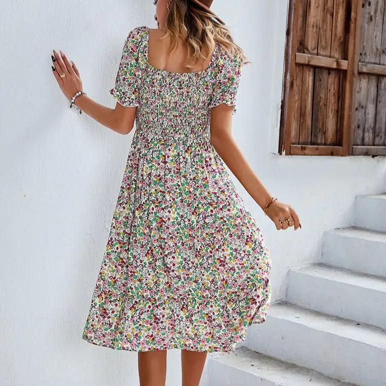 Beach Floral Patchwork Dress Smocked Sleeve V Neck Mini Long Sleeve Dresses